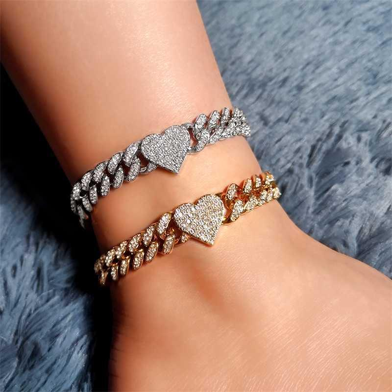 Punk Bling Love Heart Cuban Anklets For Women Iced Out Rhinestones Link Ankle Chain 13mm Anklet Armband Hip Hop Jewellery 230719